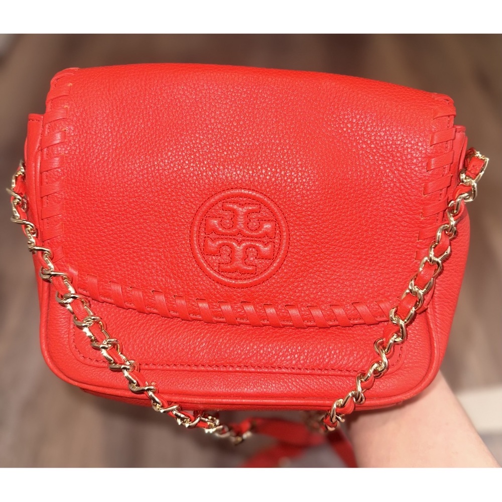 Tory Burch Red Leather Crossbody with Gold Chain